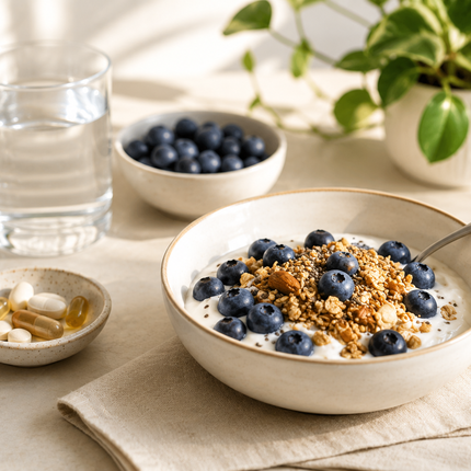 Pureva daily multivitamin with a wholesome breakfast to fill common nutrient gaps every morning.