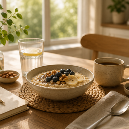 Pureva Calcium + Vitamin D3 for bone health: a bowl of oatmeal breakfast.