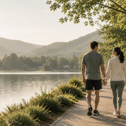 Pureva daily wellness routine: a couple enjoying healthy meals, hydration, and mindful living.