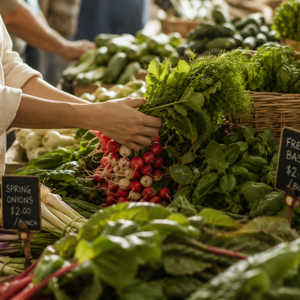 Pureva Calcium + Vitamin D3 for lifelong bone health: fresh produce at a farmers market.