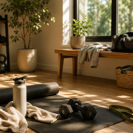 Pureva CoQ10 cellular energy support: a home gym showing active movement and daily stamina.