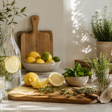 Pureva Vitamin C + Zinc immune support: fresh lemons and supplements in a bright kitchen.