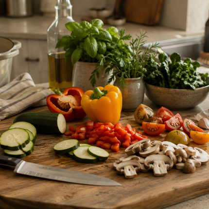 Pureva Vitamin C + Zinc antioxidants: a colorful vegetable board for everyday cellular health.