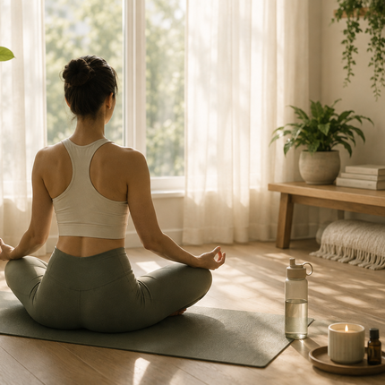 Pureva Magnesium Triple Complex: woman doing yoga for muscle, nerve, and bone wellness.