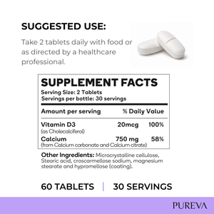 Supplement facts: 2 tablets, 30 servings, D3 20mcg 100%, Calcium 750mg carbonate+citrate