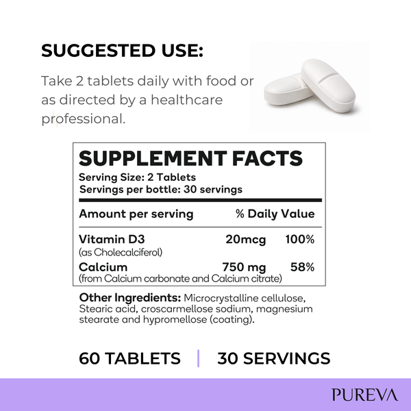 Supplement facts: 2 tablets, 30 servings, D3 20mcg 100%, Calcium 750mg carbonate+citrate