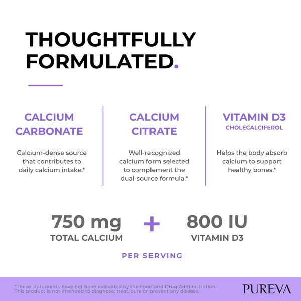 Thoughtfully formulated: dual-source calcium carbonate+citrate, D3 cholecalciferol, 750mg+800IU