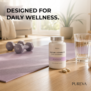 Calcium+D3 bottle on yoga mat with dumbbells, water glass, tablets in bright living room