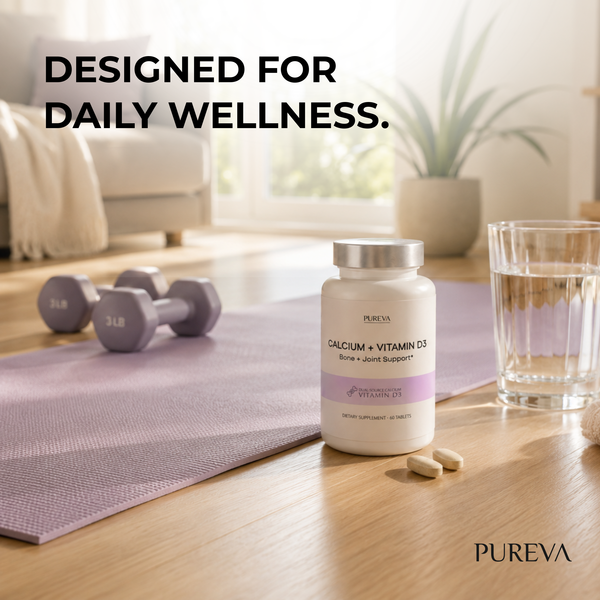 Calcium+D3 bottle on yoga mat with dumbbells, water glass, tablets in bright living room