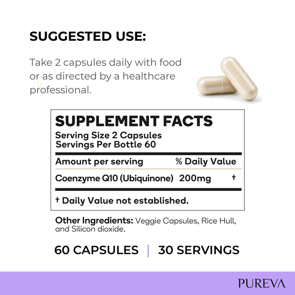 Supplement facts: 2 capsules serving, 30 servings, Coenzyme Q10 Ubiquinone 200mg per serving
