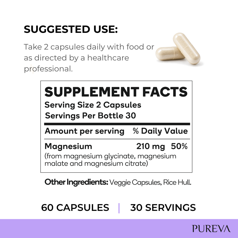 Pureva Magnesium white bottle, silver cap, Sleep plus Muscle Support, Triple Complex glycinate malate citrate, 60 capsules