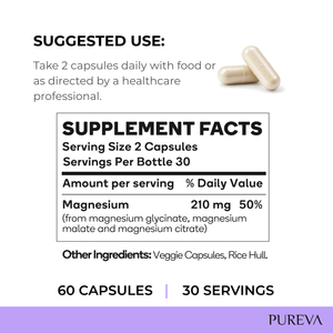 Supplement facts: 2 capsules serving, 30 servings, Magnesium 210mg from glycinate malate citrate blend, 50% daily value