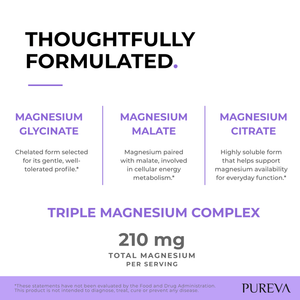 Triple Magnesium Complex: glycinate for tolerance, malate for energy, citrate for absorption, 210mg total per serving