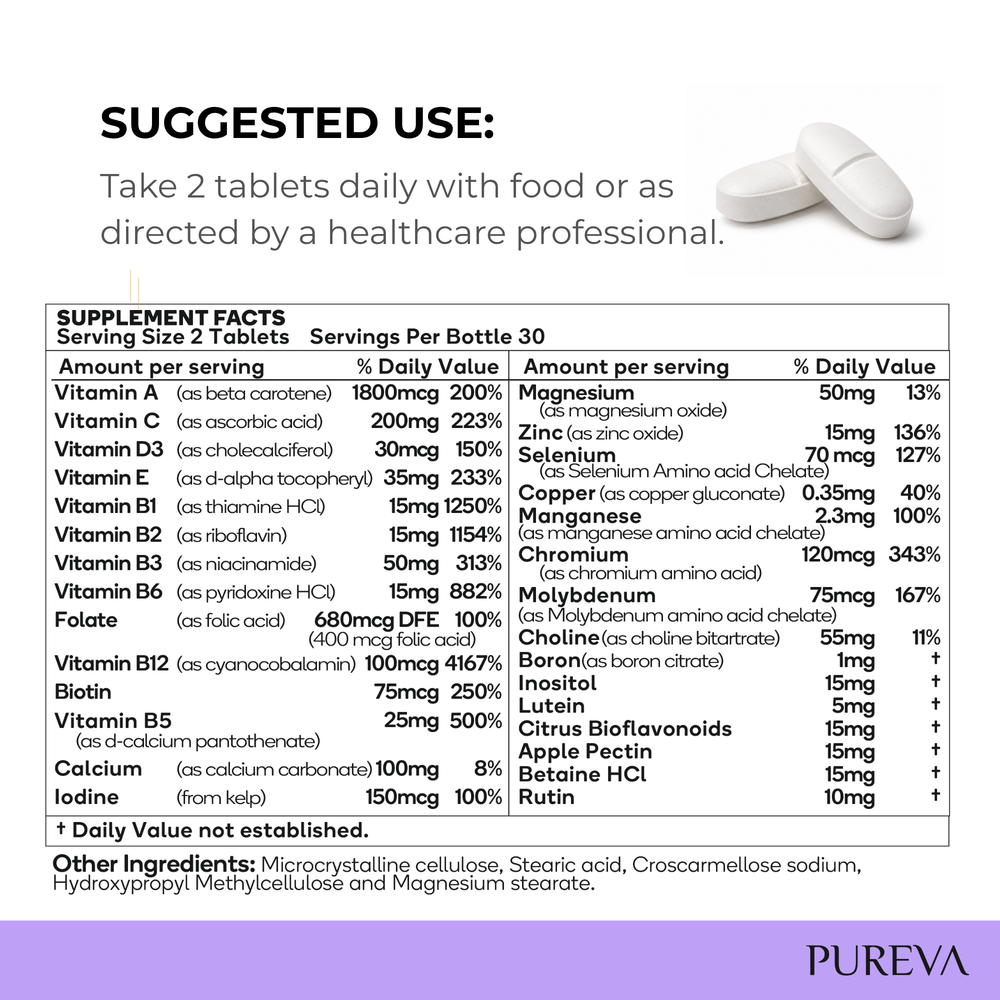Pureva Multivitamin white bottle, silver cap, Essential Daily Support, Full Spectrum Formula, 60 tablets
