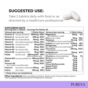 Supplement facts: 2 tablets serving, 30 servings, vitamins A C D3 E B-complex, minerals zinc selenium magnesium