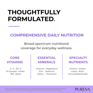 Thoughtfully formulated: core vitamins A-C-D3-E, essential minerals calcium-magnesium-zinc, specialty nutrients lutein choline