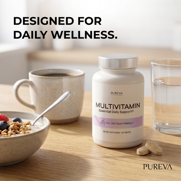 Pureva Multivitamin bottle on kitchen table with coffee mug, granola bowl, glass of water and tablets at breakfast setting