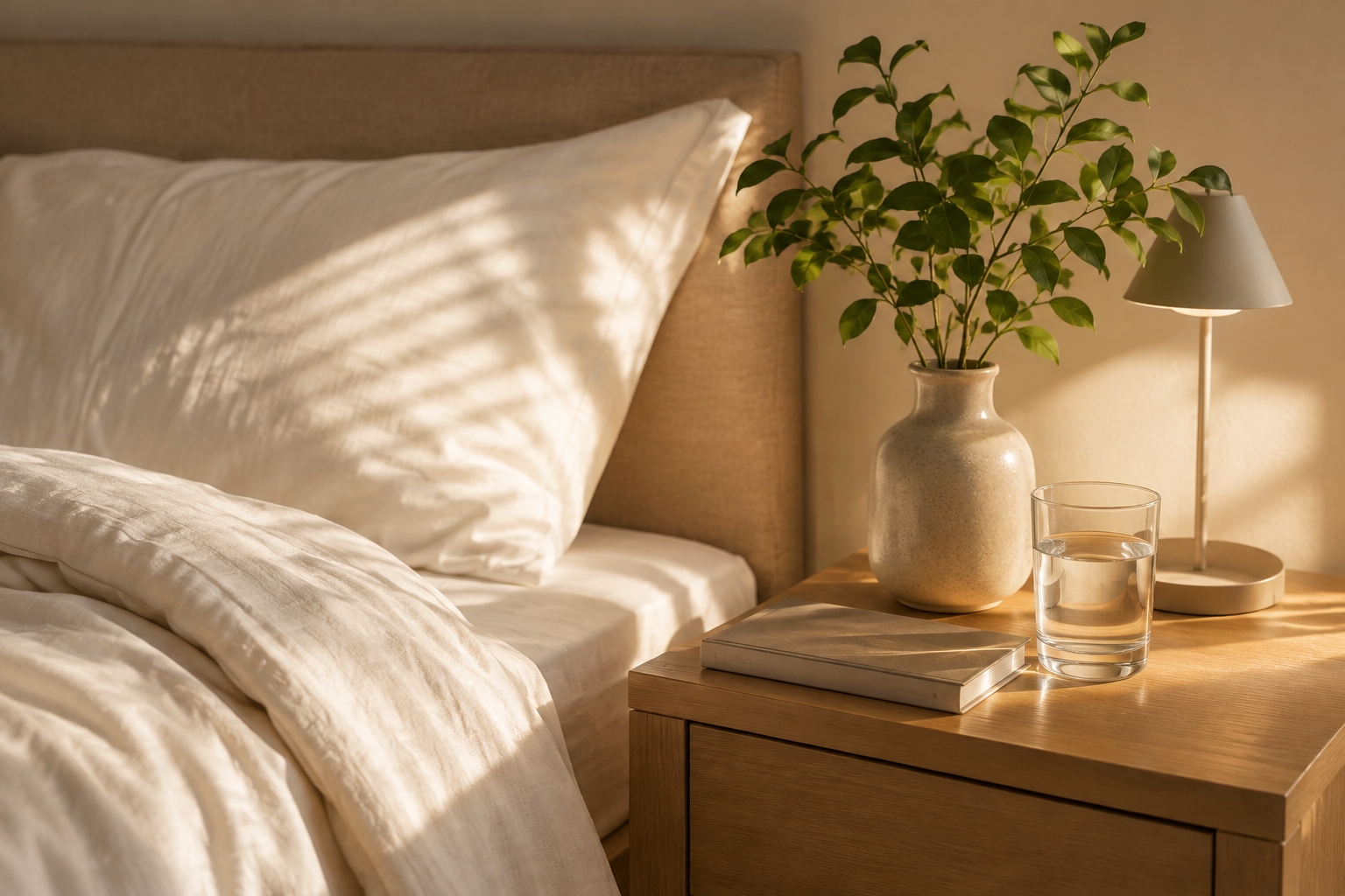 A warm, sunlit bedroom scene showing a neatly made bed with cream bedding, a wooden nightstand, a vase with green leaves, a small table lamp, and a glass of water.