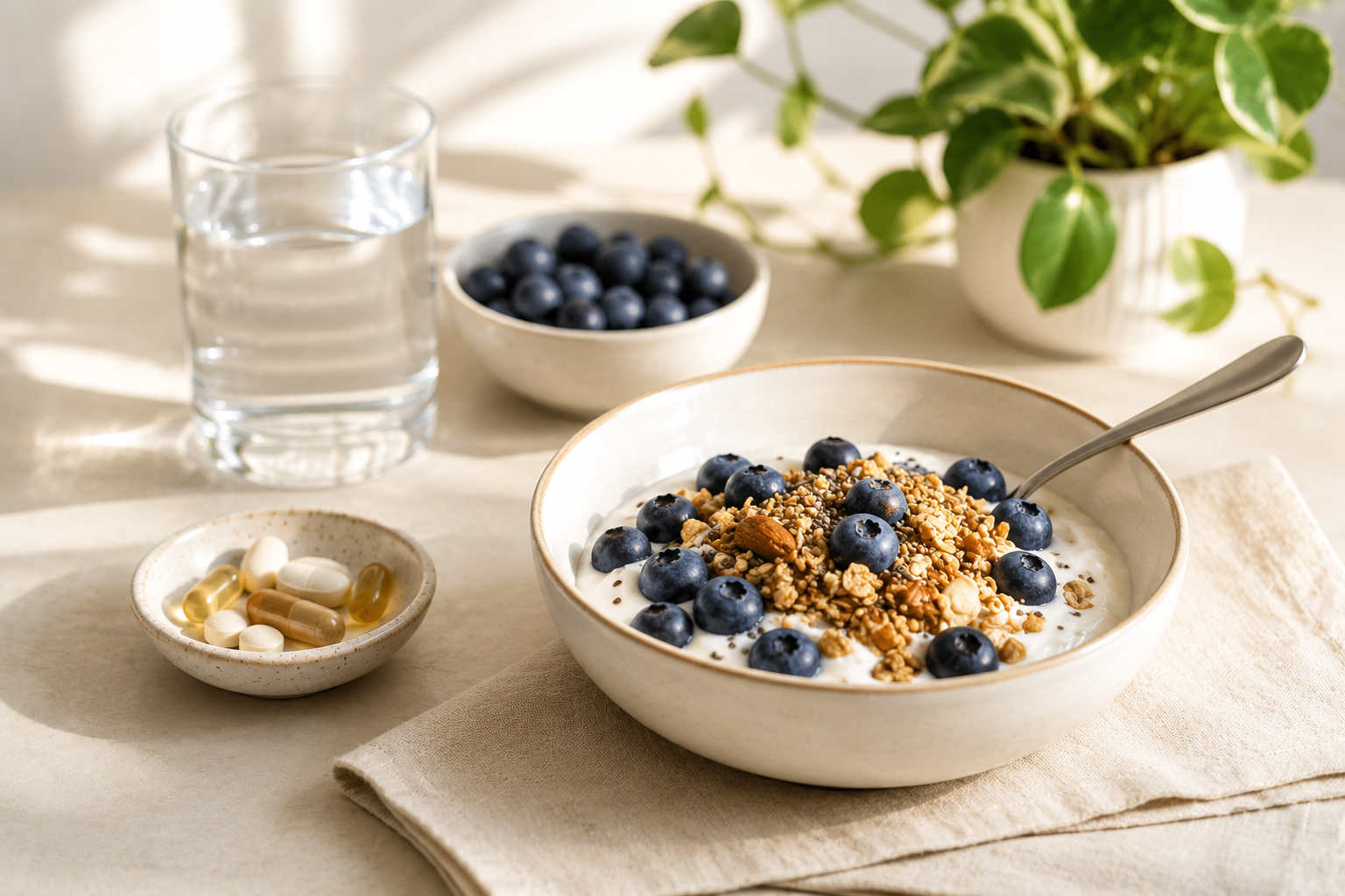 A bowl of yogurt topped with blueberries and granola sits on a beige cloth, with a glass of water, a small dish of blueberries, and capsules nearby on a sunlit table. A potted plant is visible in the background.