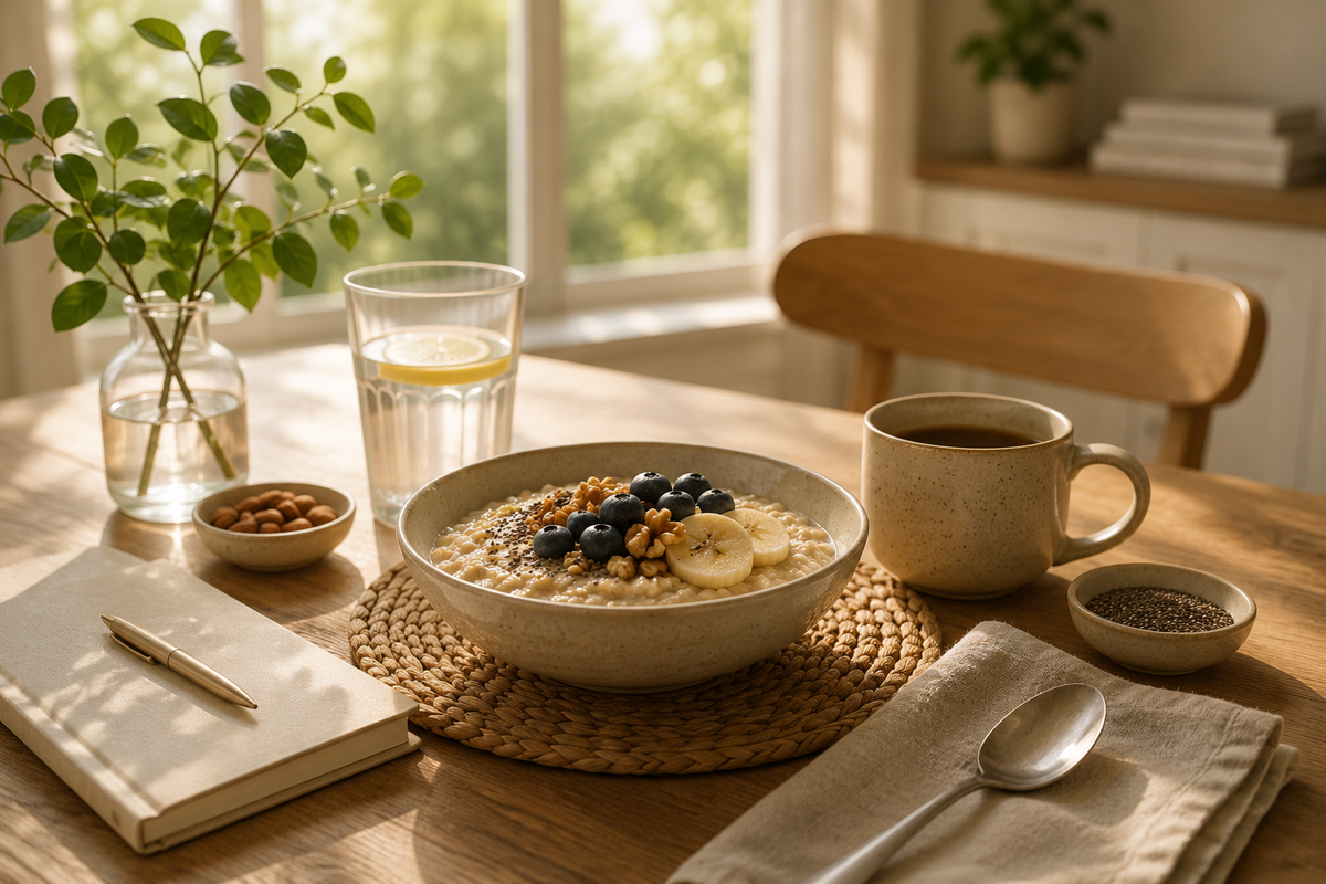 A cozy breakfast table scene with a bowl of oatmeal topped with blueberries, banana slices, and nuts, alongside a mug of coffee, a glass of water, and small bowls on a wooden table near a window.