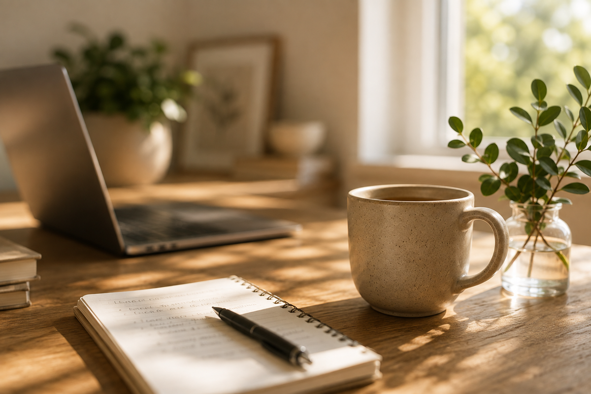A cozy desk scene with a beige ceramic mug, an open notebook with a pen, a blurred laptop, and small plants near a sunlit window.