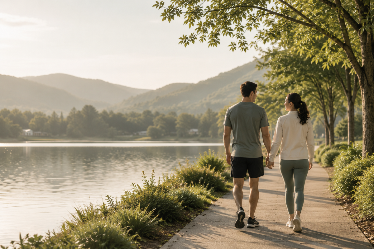 A couple walks hand in hand along a tree-lined path beside a calm lake, with mountains in the background at golden hour.