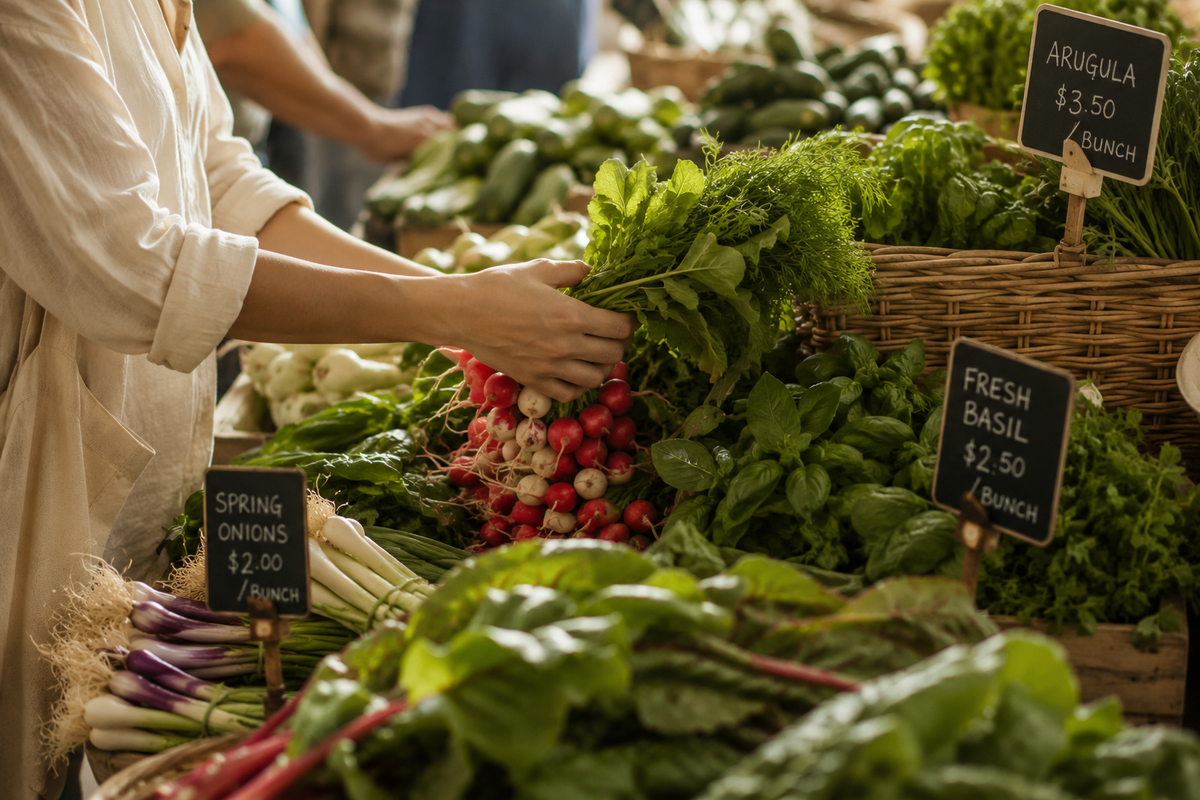 A person in a cream-colored shirt reaches for a bunch of fresh green herbs at a market vegetable stand. The stand is filled with various fresh produce including radishes, spring onions, arugula, and basil, with handwritten price signs visible.