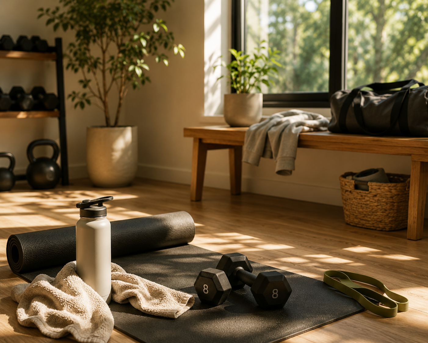 A home gym scene with a black exercise mat on the floor, black dumbbells, a rolled black yoga mat, a white water bottle, towels, a resistance band, a wooden bench, and potted plants near a window.