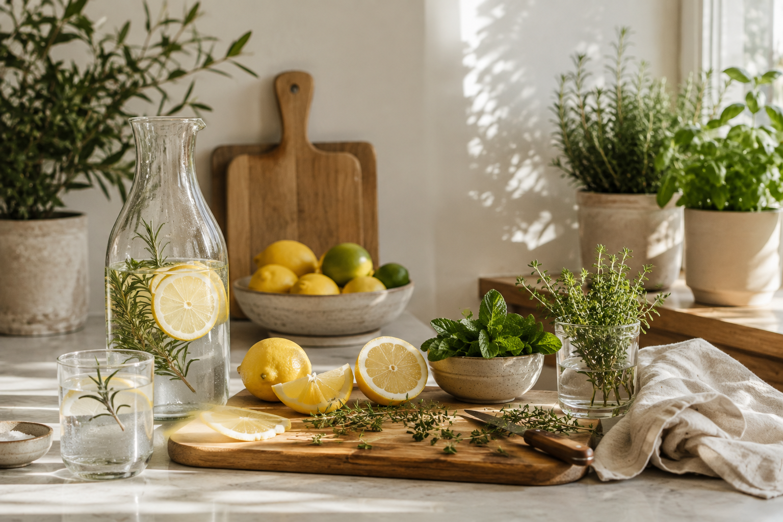 A styled kitchen scene with a clear glass carafe filled with lemon and rosemary water, a glass tumbler, a bowl of lemons and limes, fresh mint, herbs, cutting boards, and potted plants in warm natural light.