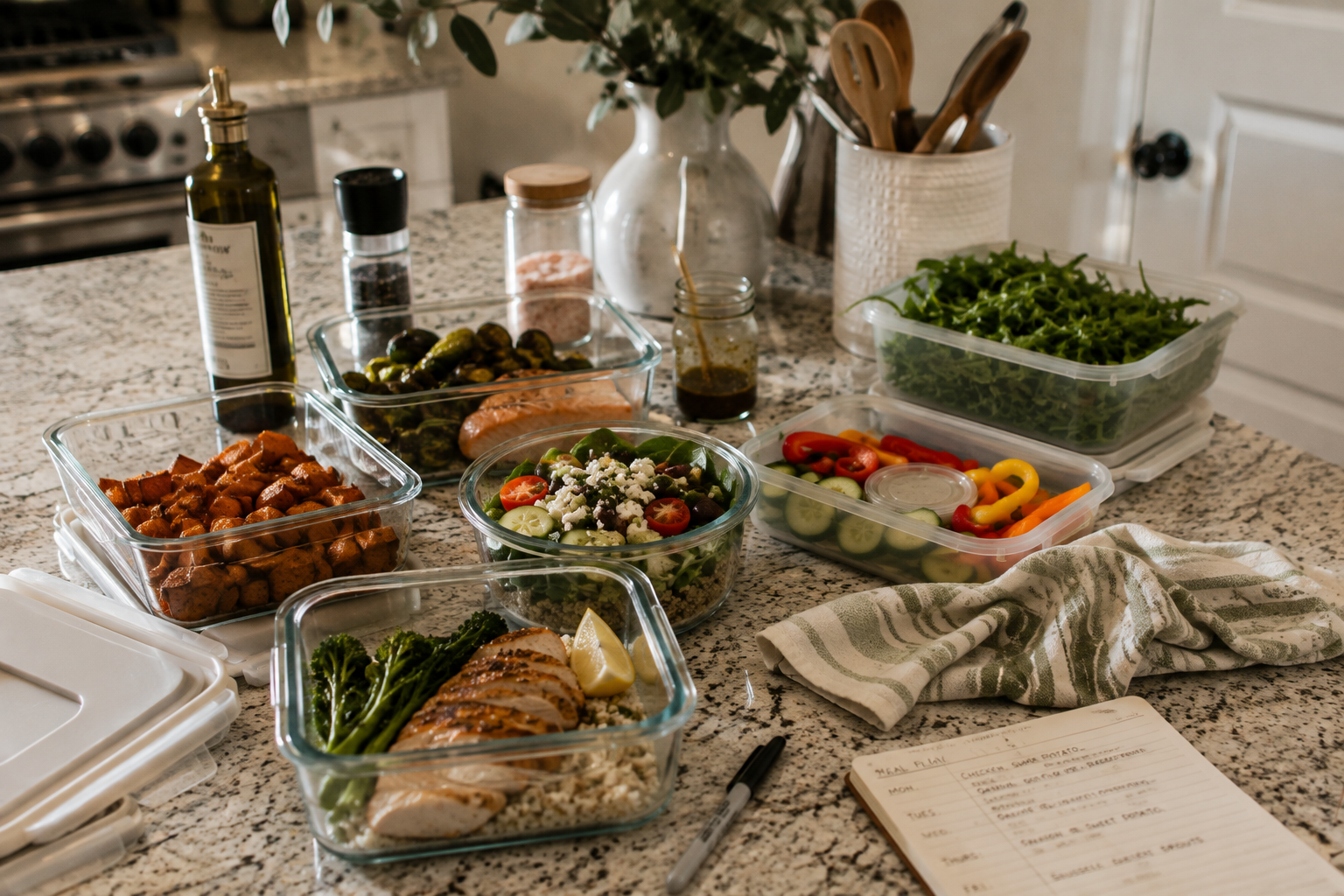 A kitchen countertop styled with clear glass meal prep containers filled with prepared food, including grilled chicken, broccoli, salad, olives, and roasted vegetables. A recipe notebook, cloth napkin, bottles, and kitchen background are visible.