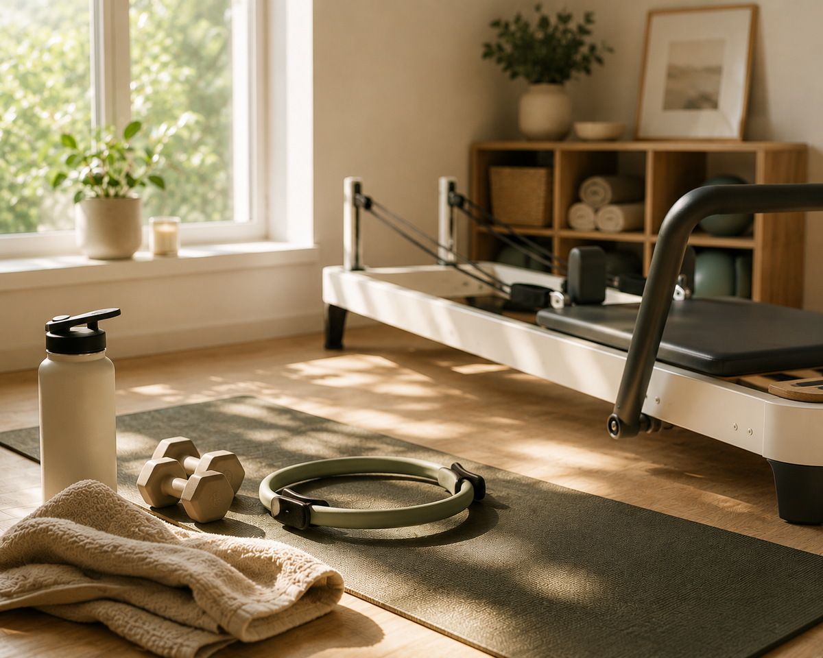 A Pilates reformer machine in a bright, sunlit home gym with a yoga mat, water bottle, dumbbell, and towel in the foreground.