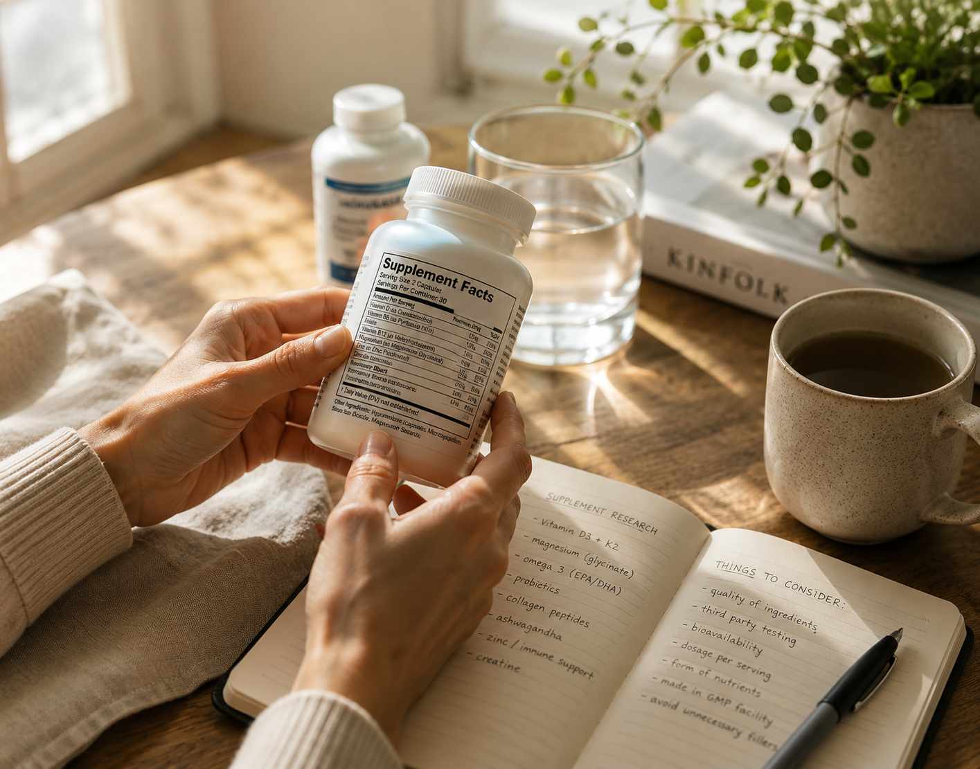 A person holds a white supplement bottle showing the back label in a warm, sunlit home setting. An open notebook with handwritten notes, a glass of water, a mug of tea, and another bottle are visible on a wooden table next to a potted plant.