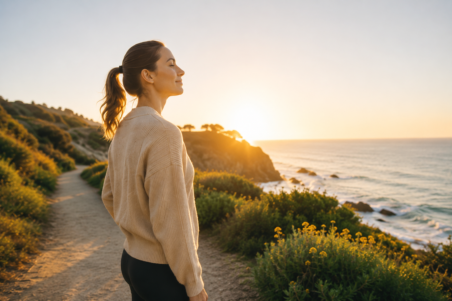 A woman in a beige knit sweater stands on a coastal path at sunset, looking out toward the ocean and cliffs. The scene is warmly lit with golden hour sunlight, green vegetation, and small yellow flowers in the foreground.