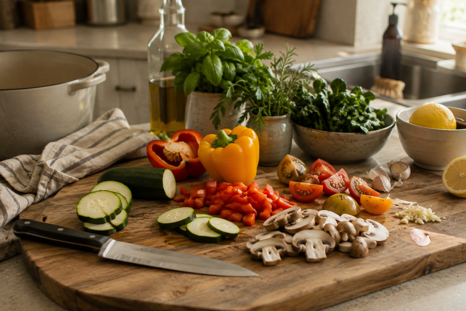 A wooden cutting board filled with chopped vegetables, including sliced zucchini, red bell pepper, mushrooms, garlic, tomatoes, and a whole yellow bell pepper, set in a kitchen with herbs, bowls, and a pot in the background.