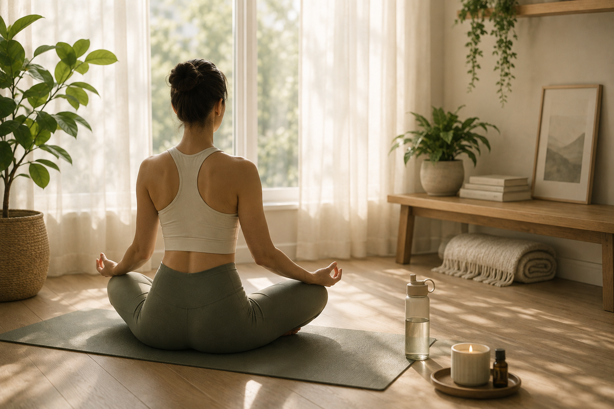 A woman sits cross-legged on a yoga mat in a bright, sunlit room, facing a large window. She wears a white sports bra and olive green leggings.