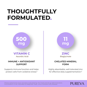 Thoughtfully formulated: 500mg Vitamin C ascorbic acid for immune and antioxidant, 11mg Zinc bisglycinate chelated mineral