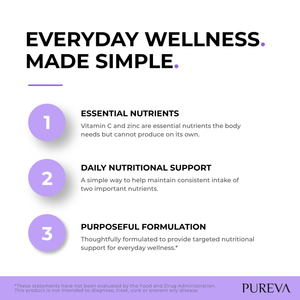 Everyday wellness made simple: essential nutrients C and zinc, daily nutritional support, purposeful formulation for wellness