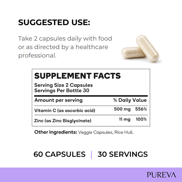 Supplement facts: 2 capsules serving, 30 servings, Vitamin C 500mg ascorbic acid, Zinc 11mg bisglycinate