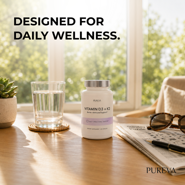 Pureva Vitamin D3 plus K2 bottle arranged on a sunlit wooden table by a window with a glass of water, succulent plant, sunglasses and newspaper, designed for daily wellness lifestyle
