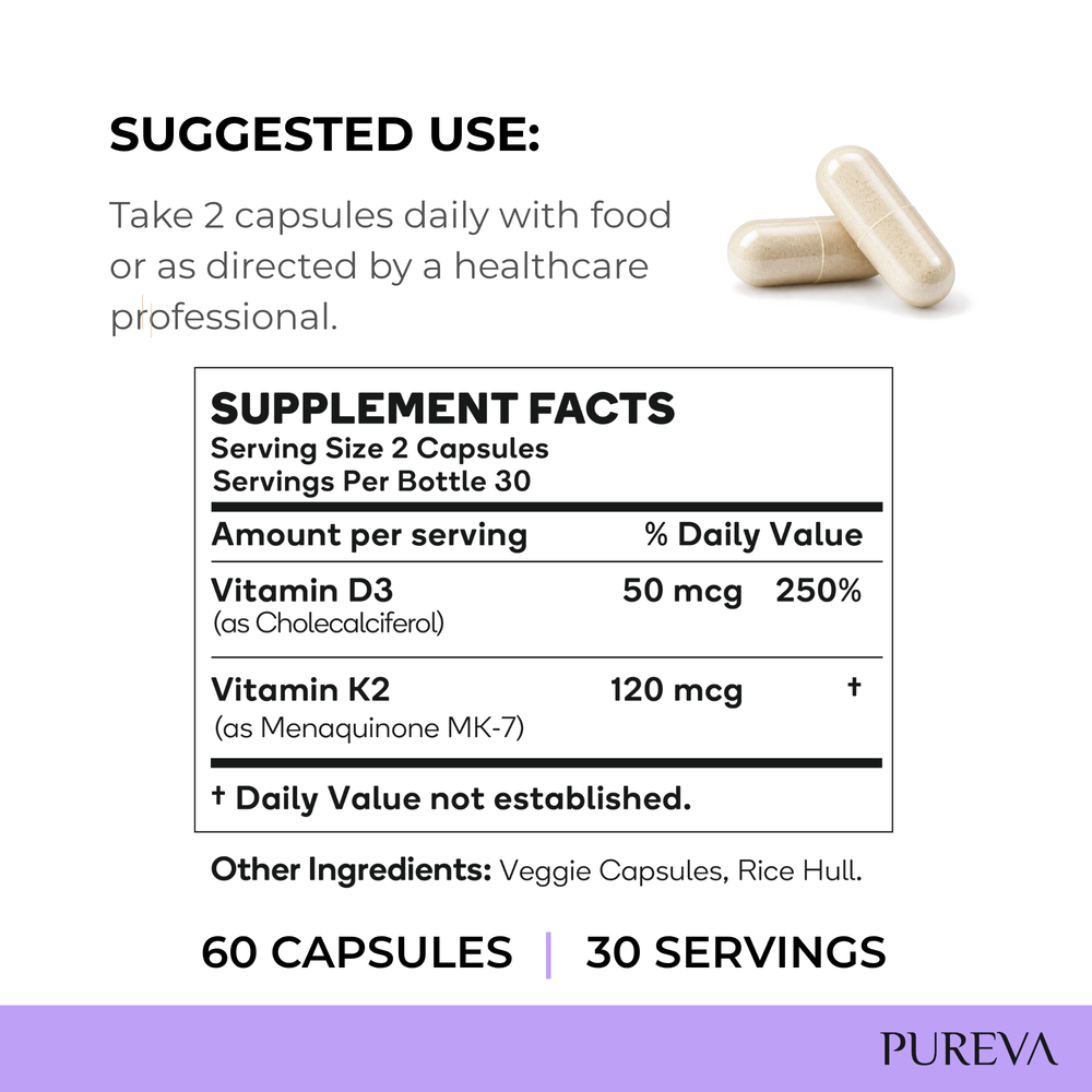Pureva Vitamin D3 + K2 white bottle, silver cap, Bone and Immune Support, 60 capsules