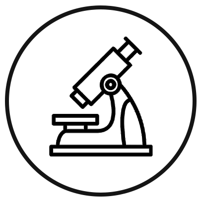Black and white icon of a microscope in a circular outline