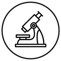 Black and white icon of a microscope in a circular outline