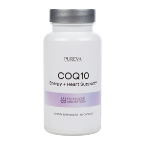 Pureva COQ10 white bottle, silver cap, Energy plus Heart Support, Enhanced Absorption, 60 capsules