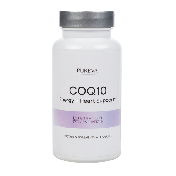 Pureva COQ10 white bottle, silver cap, Energy plus Heart Support, Enhanced Absorption, 60 capsules