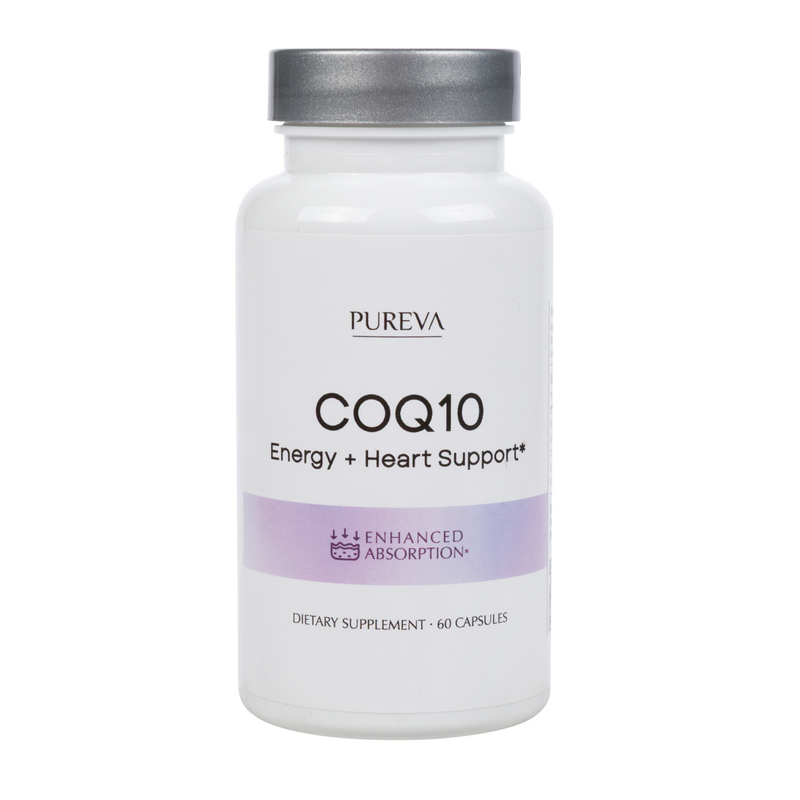 Pureva COQ10 white bottle, silver cap, Energy plus Heart Support, Enhanced Absorption, 60 capsules