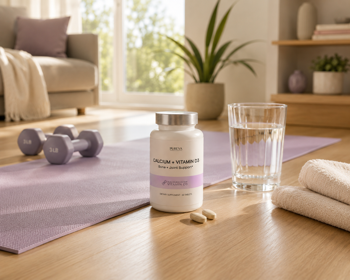 A bottle of Pure Encapsulations Calcium + Vitamin D3 supplement capsules stands on a wooden floor next to a glass of water and a few capsules, with a purple yoga mat, dumbbells, and a towel in a bright, modern living room.