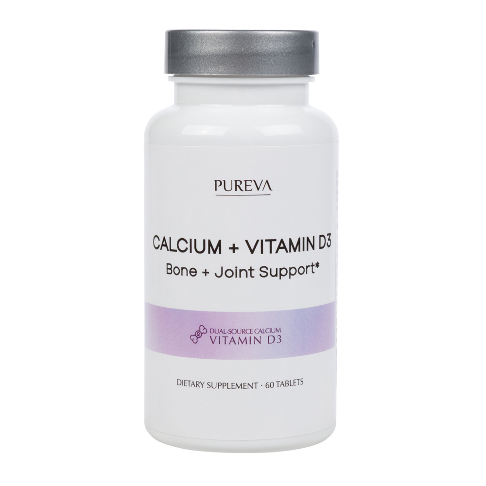 white bottle, silver cap, Calcium+Vitamin D3, Bone+Joint Support, dual-source calcium, 60 tablets