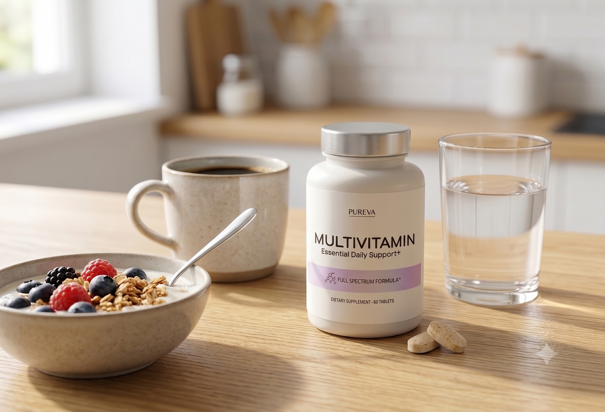 A bottle of PURNA Multivitamin dietary supplement stands on a wooden table beside a bowl of cereal with berries, a mug of coffee, and a glass of water in a bright kitchen setting.