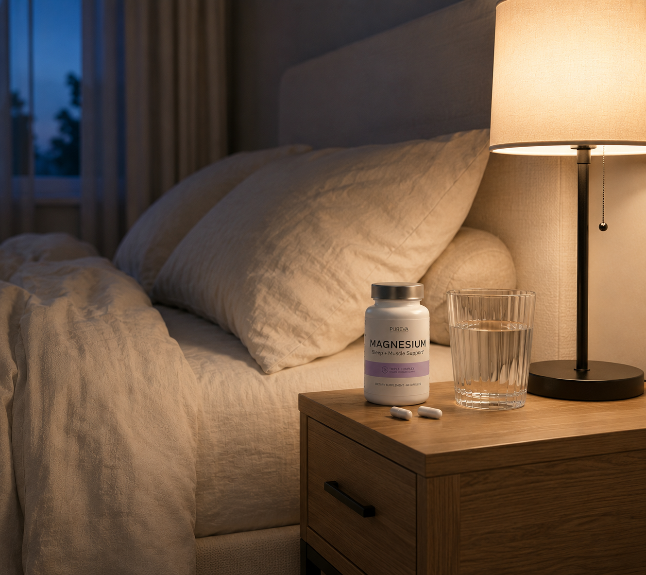 A bottle of Magnesium supplement and a glass of water sit on a wooden bedside table next to a lit table lamp, with a bed in the background.