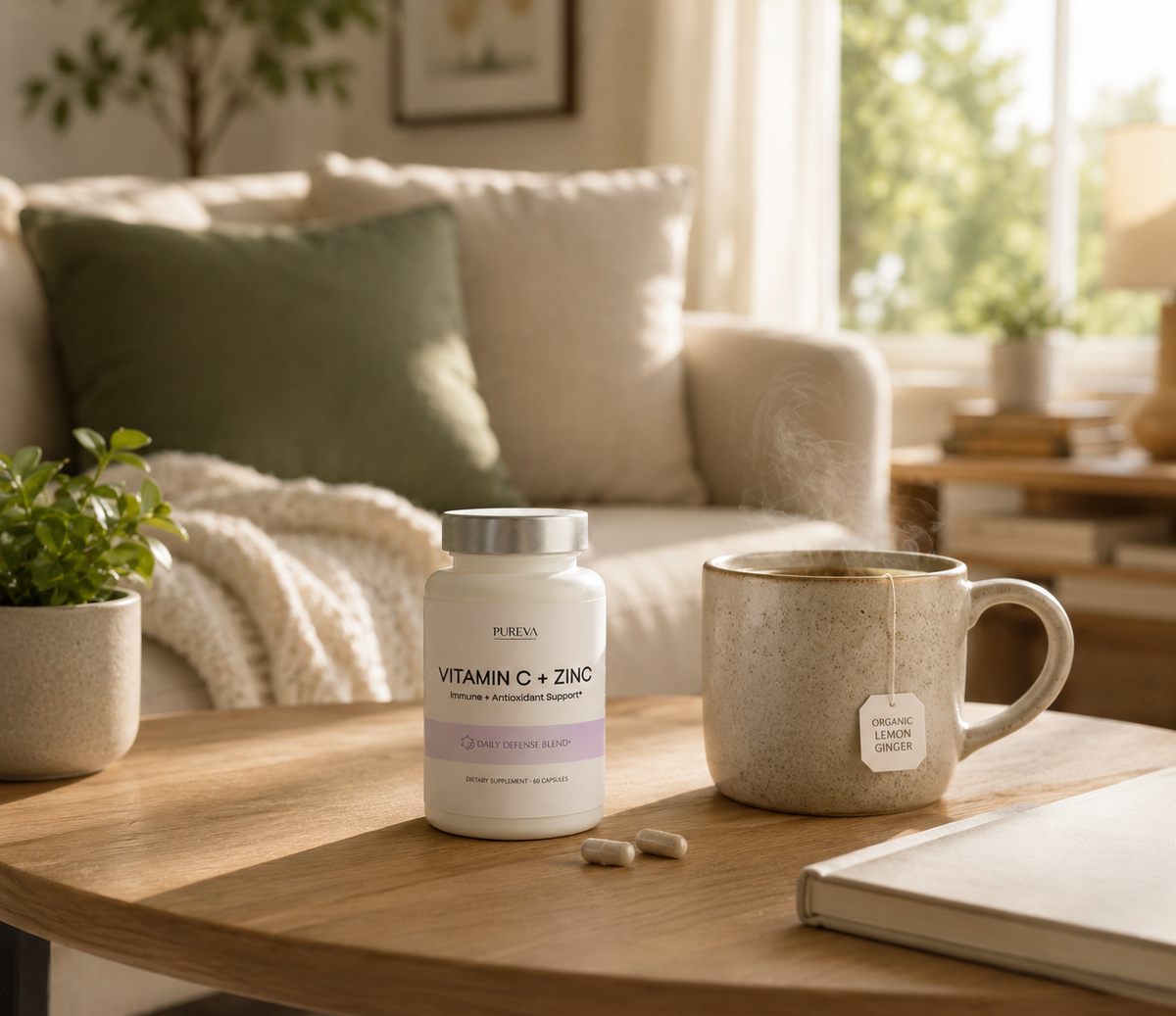 A bottle of PURA Vitamin C + Zinc dietary supplement sits on a wooden table next to a mug of tea in a cozy living room setting.